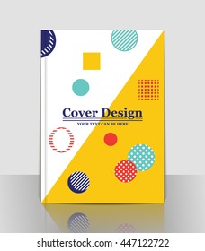A4 cover design. Yellow, blue, white, green. Geometric shapes. Hatching. Modern. Abstract composition. Book. Title sheet. Brochure template layout. Vector illustration.