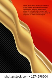 A4 cover template with flow fluid shapes. Liquid wave trendy modern style. Gold wavy on red & black halftone lines background. Futuristic shiny concept for you design, EPS10