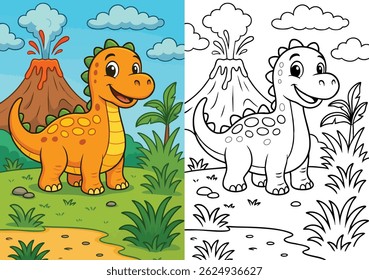 A4 Cute Baby Dinosaur Coloring Page with coloured version Smiling Cartoon Dino with Volcano, Clouds, and Jungle Plants Printable Line Art for Kids