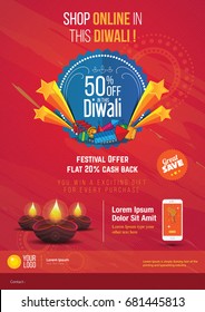 A4 Diwali Sale Poster Design Template in Red with Creative Lamps and 50% Discount Tag Vector Illustration