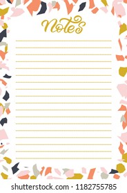A4 to do list with hand lettering and terrazzo elements. The inscription: notes. Perfect design for greeting cards, notebooks, posters, stationery.