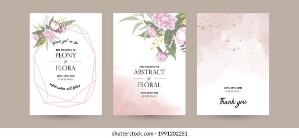 A4 floral invitation layout template with peony bouquet leave elements. for wedding, summer celebration, engagement. vector card, poster, booklet cover in watercolor rose gold, pink pastel colors