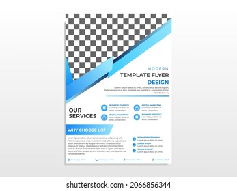 a4 planilla de volante con color azul y azul gradiente. Se puede usar para Volante, Pamflet, Revista, Afiche, Cartera de la Compañía, Diseño Moderno. Capas editables y organizadas
