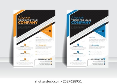 Plantilla de volante A4 con color azul y naranja. Cartel Corporativa del negocio, Plantilla del volante de la promoción, diseño del cartel del negocio del Profesional para la agencia o el negocio corporativo.