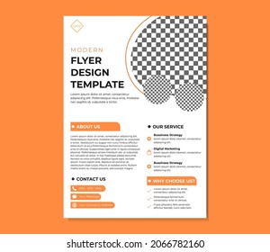 a4 flyer template with orange, black and white color. Can be used for Flyer, Pamflet, Magazine, Poster, Company Portfolio, Modern Layout. Editabled and organized layers.