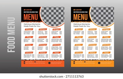 Plantilla de menú de comida A4 con diseño limpio, perfecto para restaurantes, cafeterías y bistros.