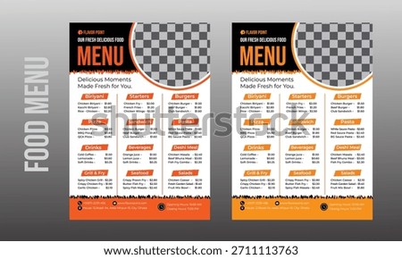 A4 food menu template with clean layout, perfect for restaurants, cafés, and bistros.