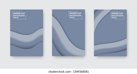 A4 format banner set in paper cut art style. Collection of fluid geometric posters with dark waves. Design layout for card, broucheru,book, poster, presentation, flyer. Modern vector illustration.