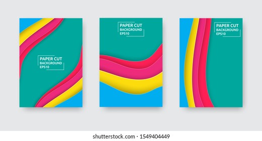 A4 format banner set in paper cut art style. Collection of fluid geometric posters with colorful waves. Design layout for card, broucheru,book, poster, presentation, flyer. Modern vector illustration.