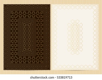 A4 format cards decorated with lace pattern in golden colors.Vector template for restaurant menu, flyer, greeting card, brochure, book cover and any other decoration.  