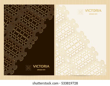 A4 format cards decorated with lace pattern in golden colors.Vector template for restaurant menu, flyer, greeting card, brochure, book cover and any other decoration.  