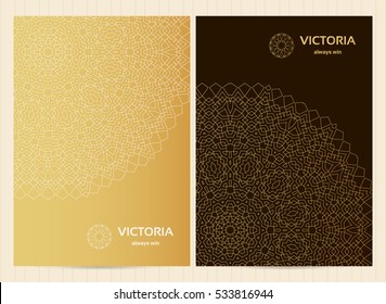 A4 format cards decorated with mandala in golden colors.Vector islamic template for restaurant menu, flyer, greeting card, brochure, book cover and any other decoration. 