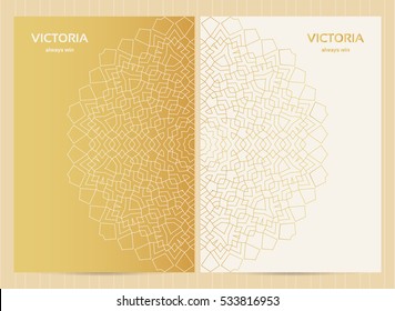 A4 format cards decorated with mandala in golden colors.Vector islamic template for restaurant menu, flyer, greeting card, brochure, book cover and any other decoration. 