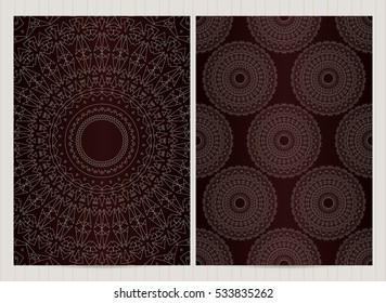 A4 format cards decorated with mandala in black and white colors.Vector islamic template for restaurant menu, flyer, greeting card, brochure, book cover and any other decoration. 