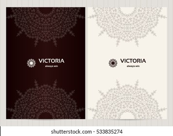 A4 format cards decorated with mandala in black and white colors.Vector islamic template for restaurant menu, flyer, greeting card, brochure, book cover and any other decoration. 