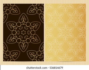 A4 format cards decorated with mandala in golden colors.Vector islamic template for restaurant menu, flyer, greeting card, brochure, book cover and any other decoration.