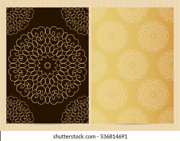 A4 format cards decorated with mandala in golden colors.Vector islamic template for restaurant menu, flyer, greeting card, brochure, book cover and any other decoration.