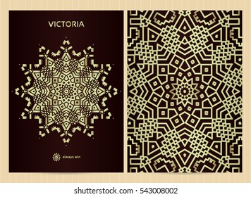 A4 format cards decorated with mandala in golden colors.Vector islamic template for restaurant menu, flyer, greeting card, brochure, book cover and any other decoration.