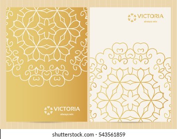 A4 format cards decorated with mandala in golden colors.Vector islamic template for restaurant menu, flyer, greeting card, brochure, book cover and any other decoration.