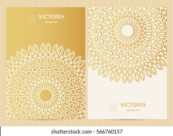 A4 format cards decorated with mandala in golden colors.Vector islamic template for restaurant menu, flyer, greeting card, brochure, book cover and any other decoration. 