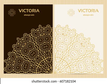 A4 format cards decorated with mandala in golden colors.Vector islamic template for restaurant menu, flyer, greeting card, brochure, book cover and any other decoration.