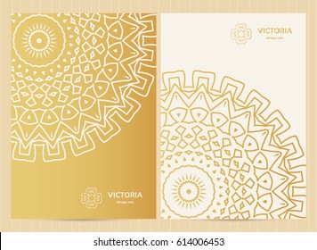 A4 format cards decorated with mandala in golden colors.Vector islamic template for restaurant menu, flyer, greeting card, brochure, book cover and any other decoration.