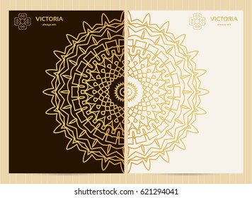 A4 format cards decorated with mandala in golden colors.Vector islamic template for restaurant menu, flyer, greeting card, brochure, book cover and any other decoration.