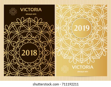 A4 format cards decorated with mandala in golden colors.Vector islamic, arabic, japanese, muslim, oriental template for restaurant menu, flyer, greeting card, brochure, book cover etc.