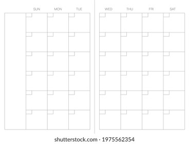 A4 format. Endless Organizer and bullet journal printable pages. Perfect minimalist monthly planner. Undated.For every month. Events personal calendar. Notes. Week starts at Sunday. Stationery. Vector