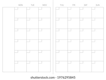 A4 format. Endless Organizer and bullet journal printable pages. Perfect minimalist monthly planner. Undated.For every month. Events personal calendar. Notes. Week starts at Monday. Stationery. Vector