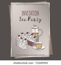 A4 format tea party invitation with color tea press, cup and cake sketch placed on vintage background. Great for market, restaurant, cafe, food label design.