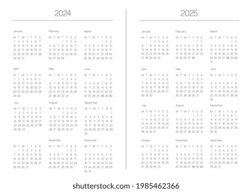 A4 format. Two A5, with line between. Endless Organizer and bullet journal printable pages. Perfect minimalist calendar. 2024, 2025. European English Gregorian calendar. Planner. Stationery. Vector.