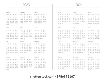 A4 format. Two A5, with line between. Endless Organizer and bullet journal printable pages. Perfect minimalist calendar. 2024, 2023. European English Gregorian calendar. Planner. Stationery. Vector.