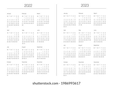 A4 format. Two A5, with line between. Endless Organizer and bullet journal printable pages. Perfect minimalist calendar. 2022, 2023. European English Gregorian calendar. Planner. Stationery. Vector.