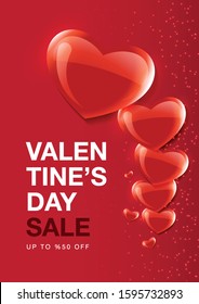 A4 format, Valentine's Day vector poster or banner with sale promo discount text with heart elements on the red color background for shopping promotion