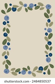 A4 frame with Blueberry and leaves. Hand drawn elegant plants for invitation, save the date card. 