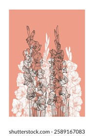 A4 gladiolus illustration. Vector graphic asset for print projects with hand drawn autumn flowers. Dia de los Muertos botanical highly detailed and quality flower print.