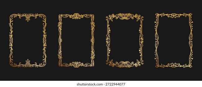 Marco de oro A4, marco grabado en oro con un patrón decorativo. Plantilla de marco de Vector para imprimir. Ornamento floral, flores y hojas, rizos y viñetas, heráldica. Boda, certificado, etiqueta.