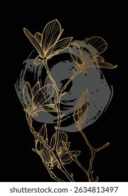 A4 gold magnolia line art vector hand drawn illustration. Art print with spring flower over a dark gray sketch mark. Highly detailed and high quality graphic asset for online and print.