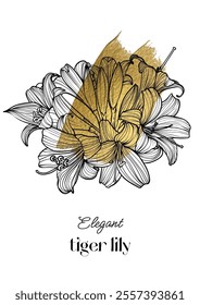 A4 golden tiger lily line art illustration poster. Hand drawn vector outline of summer flowers over a golden splatter. 