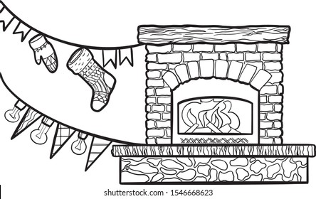 A4 hand drawn page for coloring book. Fireplace, flags, sock and lamps. Anti stress drawing therapy for adults and children. Meditative coloring of tiny beautiful ornaments. Holiday cozy atmosphere.