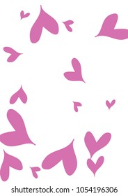 A4 Image with Many Violet Hearts of Different Size on White Background