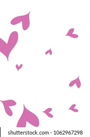A4 Image with Many Violet Hearts of Different Size on White Background
