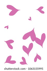 A4 Image with Many Violet Hearts of Different Size on White Background