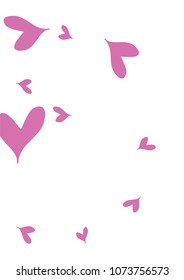 A4 Image with Many Violet Hearts of Different Size on White Background