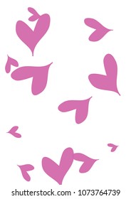 A4 Image with Many Violet Hearts of Different Size on White Background