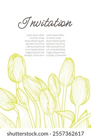 A4 invitation design with yellow green tulips on white background and text above them. Hand drawn tulips with outlines and fills separated. Easy to edit, for print and online projects. 