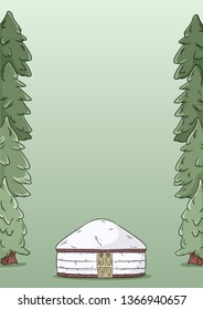 A4 letter template design with yurt and green forest fir trees background
