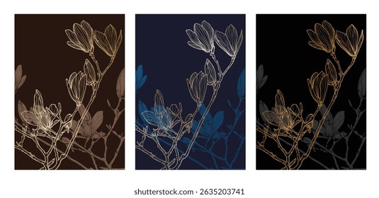 A4 luxurious magnolia line art vector hand drawn illustration. Art print with elegant golden spring flower. Highly detailed and high quality graphic asset for online and print.