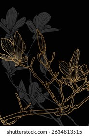 A4 magnolia gold line art vector hand drawn illustration. Luxurious art print with black and golden magnolia spring flowers. Highly detailed and high quality graphic asset for online and print.